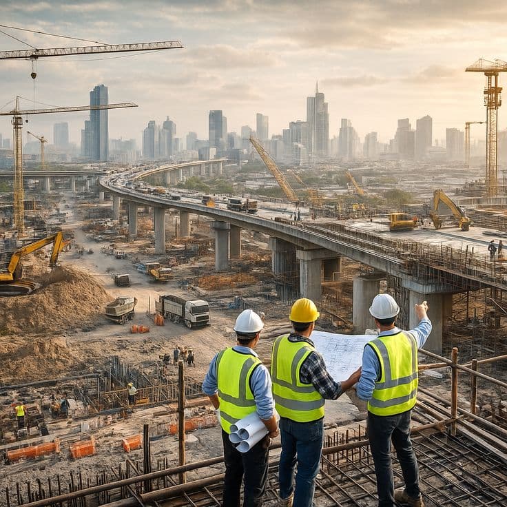 Construction site with workers and cranes